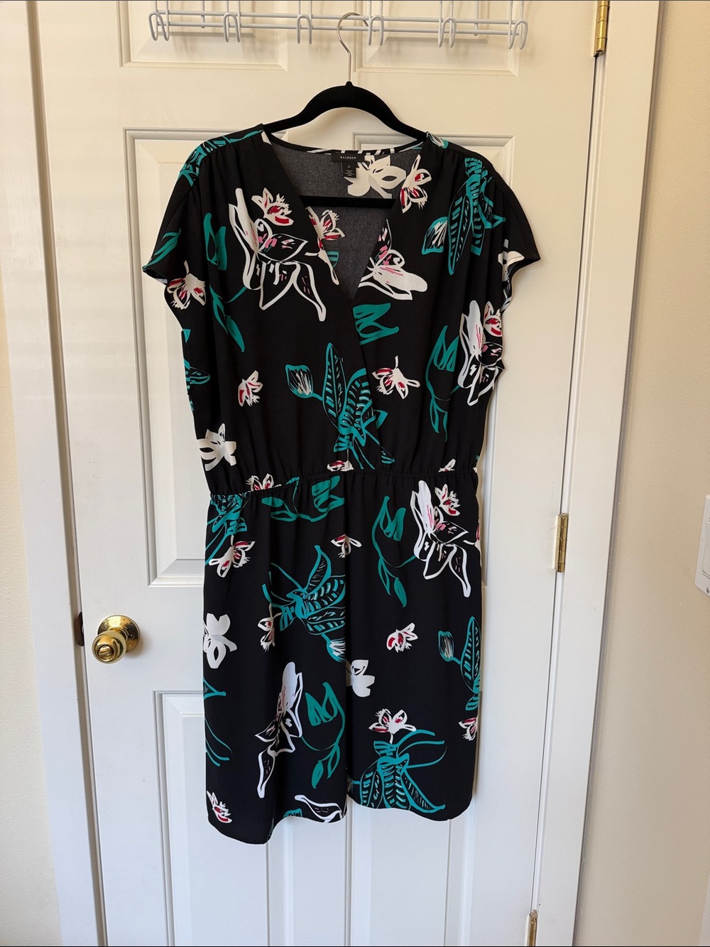 Halogen Black Floral Midi Dress with Teal and White Print